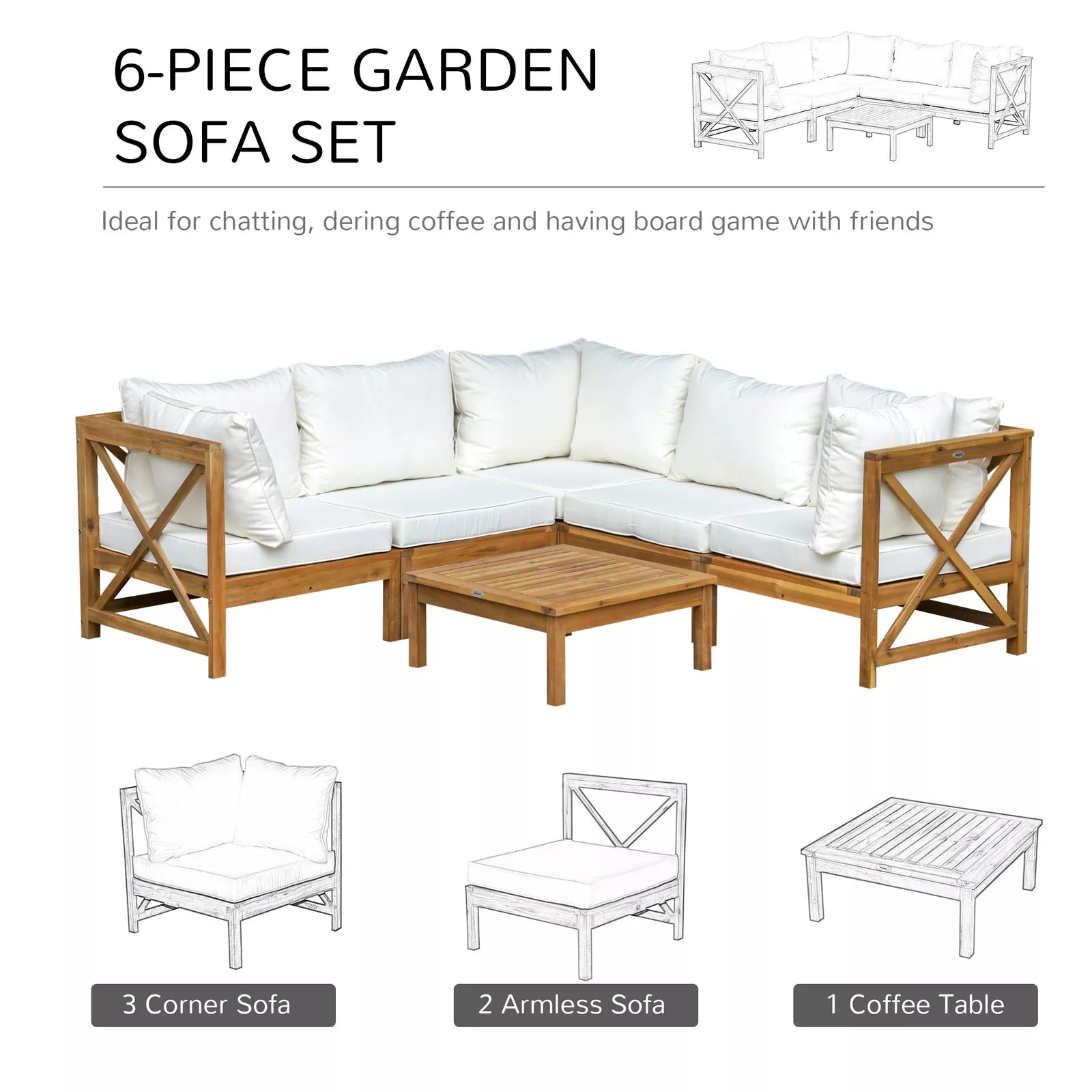 Dunn Outdoor Garden Corner Couch Set | Acacia Wood & Weather-Resistant Cushions | Yellow & Cream White