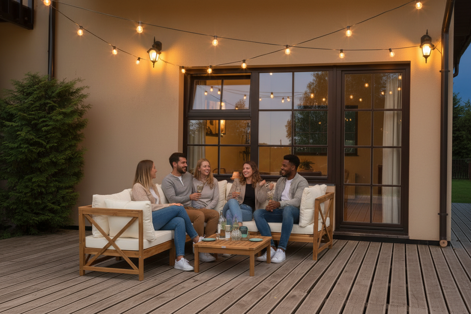 Dunn Outdoor Garden Corner Couch Set | Acacia Wood & Weather-Resistant Cushions | Yellow & Cream White