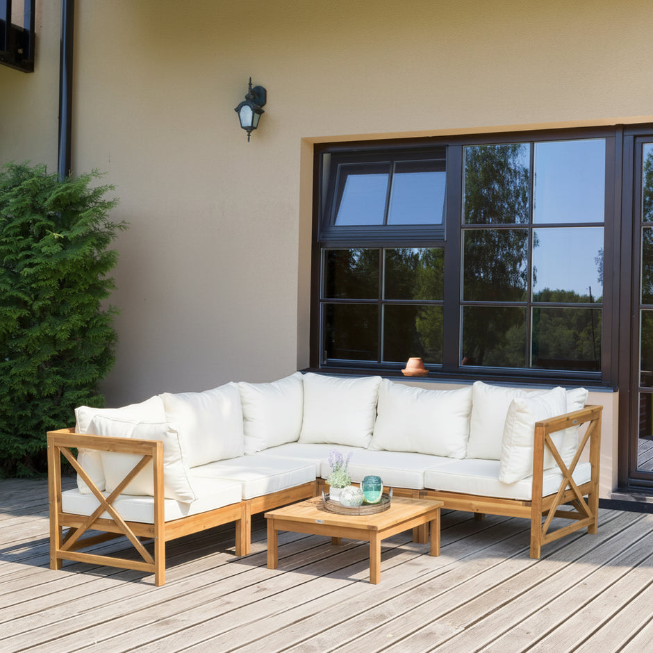 Dunn Outdoor Garden Corner Couch Set | Acacia Wood & Weather-Resistant Cushions | Yellow & Cream White